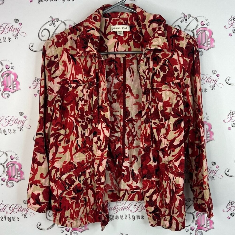 Coldwater Creek button up flowers floral long sleeve Red and Cream Floral Blouse